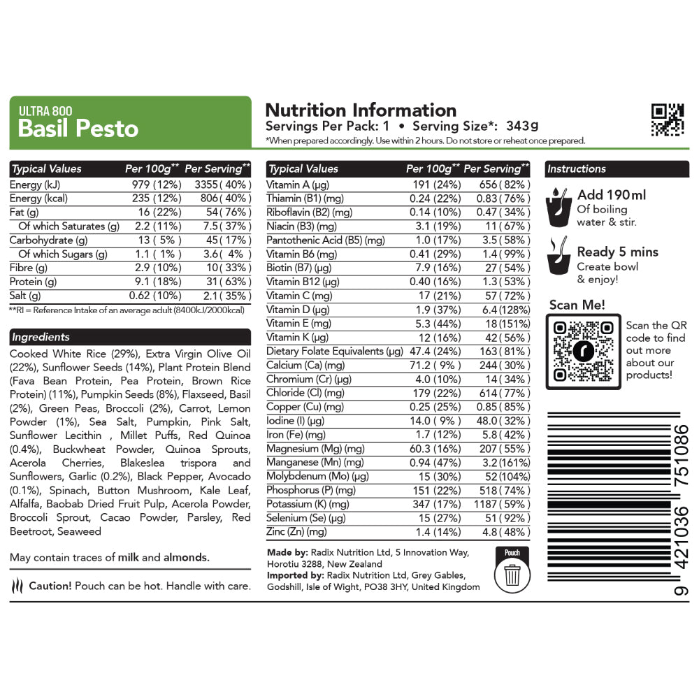 Radix Nutrition Ultra v9 Basil Pesto Meal (153g) 800kcal