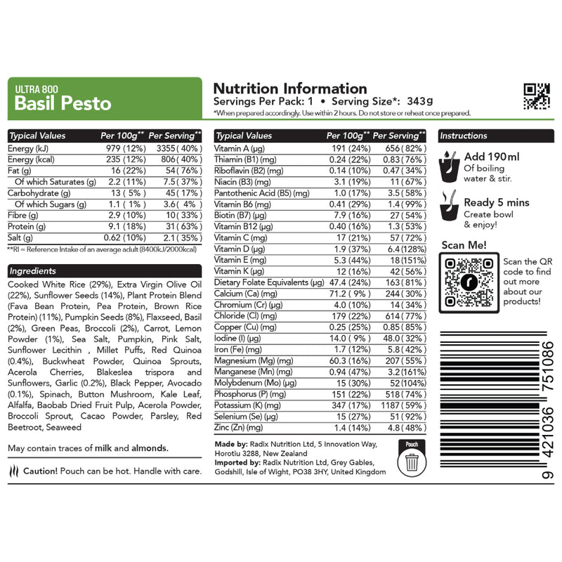 Radix Nutrition Ultra v9 Basil Pesto Meal (153g) 800kcal