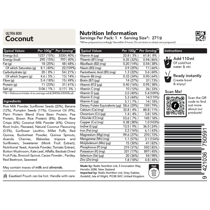 Radix Nutrition Ultra v9 Coconut Breakfast Meal (164g) 800kcal