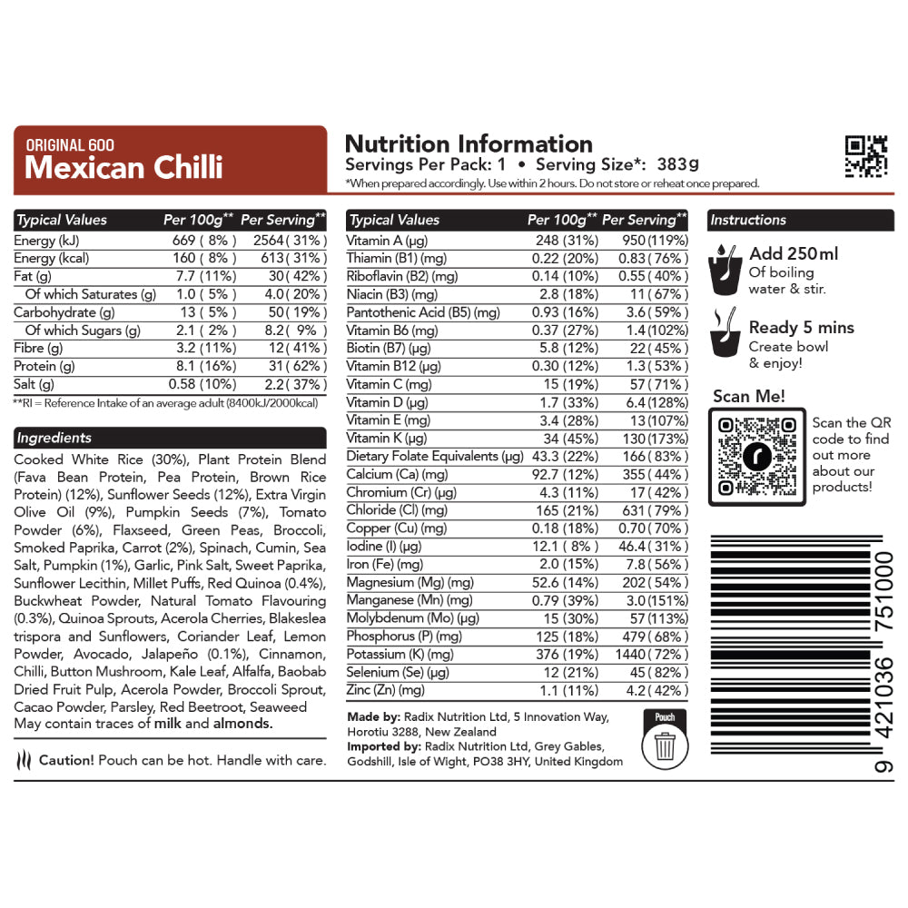 Radix Nutrition Original 600kcal Meal, MEXICAN CHILLI 133g