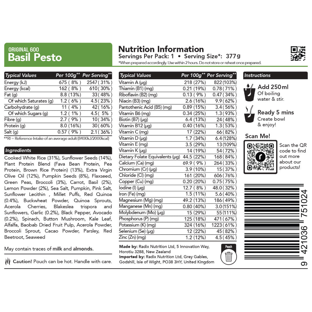 Radix Nutrition Original 600kcal Meal, BASIL PESTO 127g