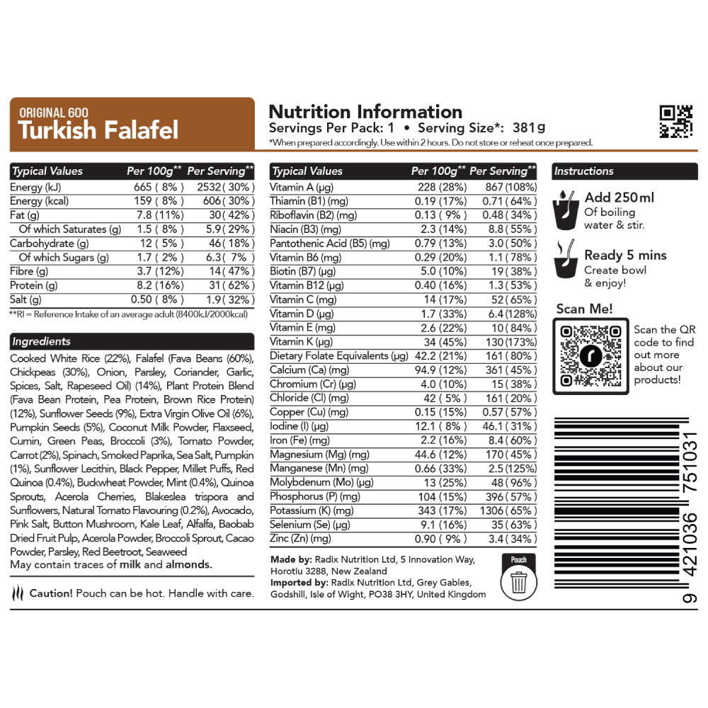 Radix Nutrition Original 600kcal Meal, TURKISH FALAFEL 131g