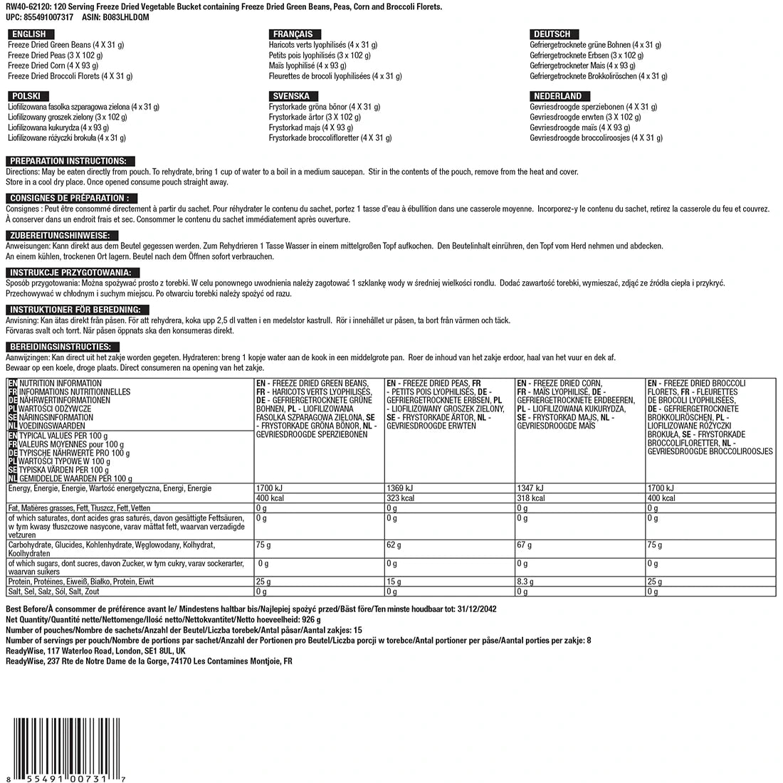 ReadyWise Freeze Dried Vegetable Bucket