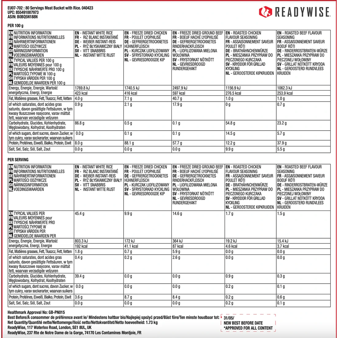 ReadyWise Meat & Rice Bucket - 80 Servings