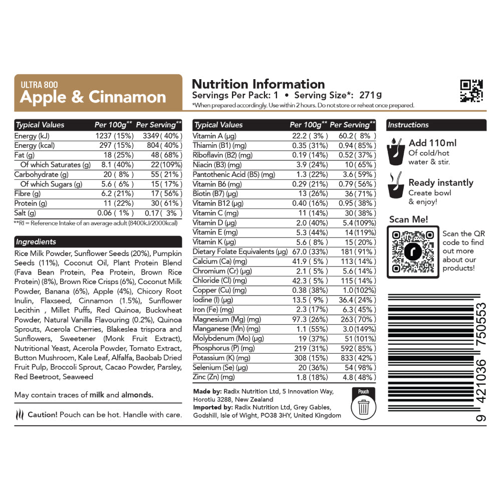 Radix Nutrition Ultra v9 Apple & Cinnamon Breakfast Meal (146g) 800kcal