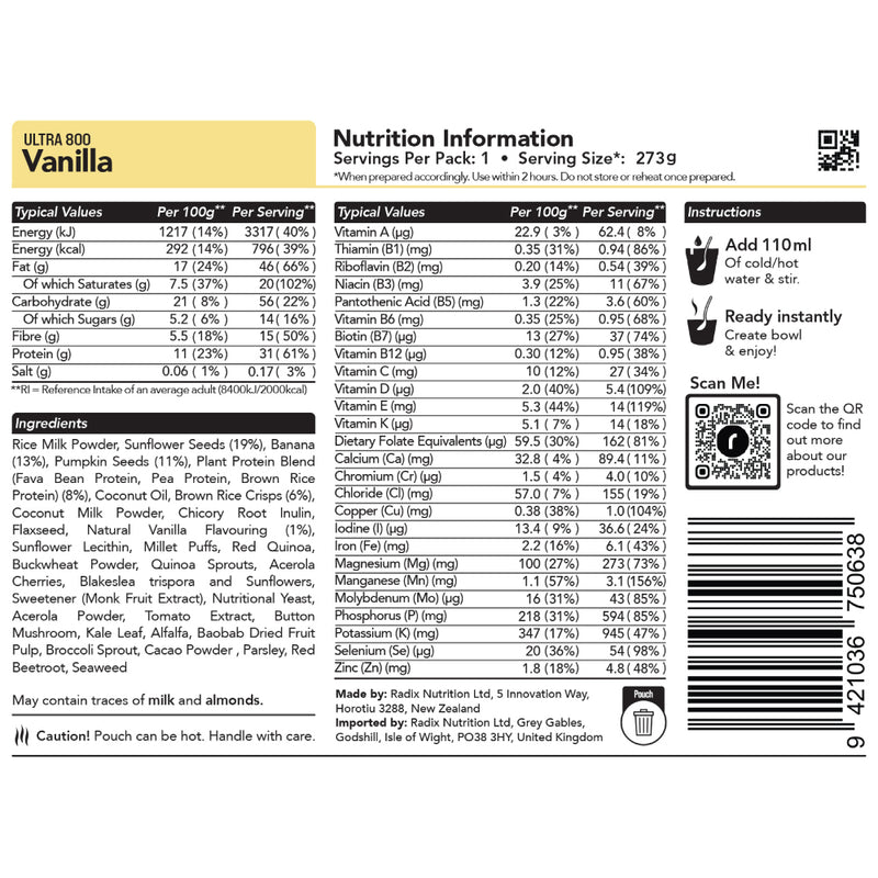Radix Nutrition Ultra v9 Vanilla Breakfast Meal (163g) 800kcal