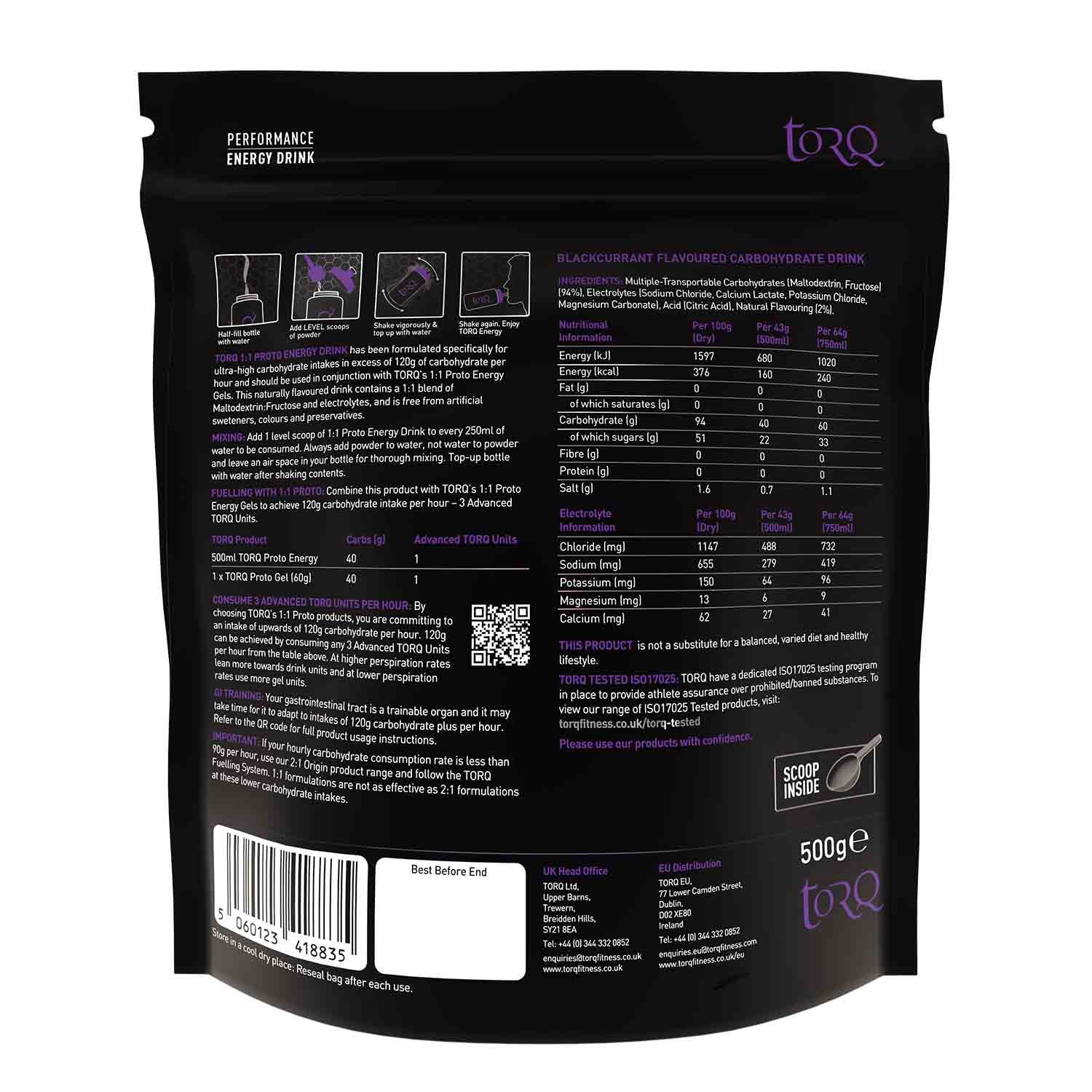Torq 1:1 Blackcurrant Flavour Proto Energy (500g Pouch)