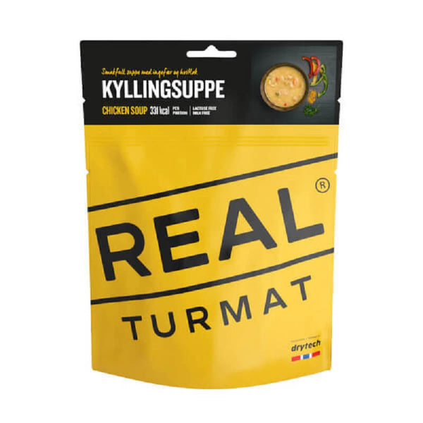 Real Turmat Chicken Soup, part of the Real Turmat freeze-dried meals that are ideal for camping and expeditions. Available from Base Camp Food, the official UK retailer and distributor for Real Turmat.