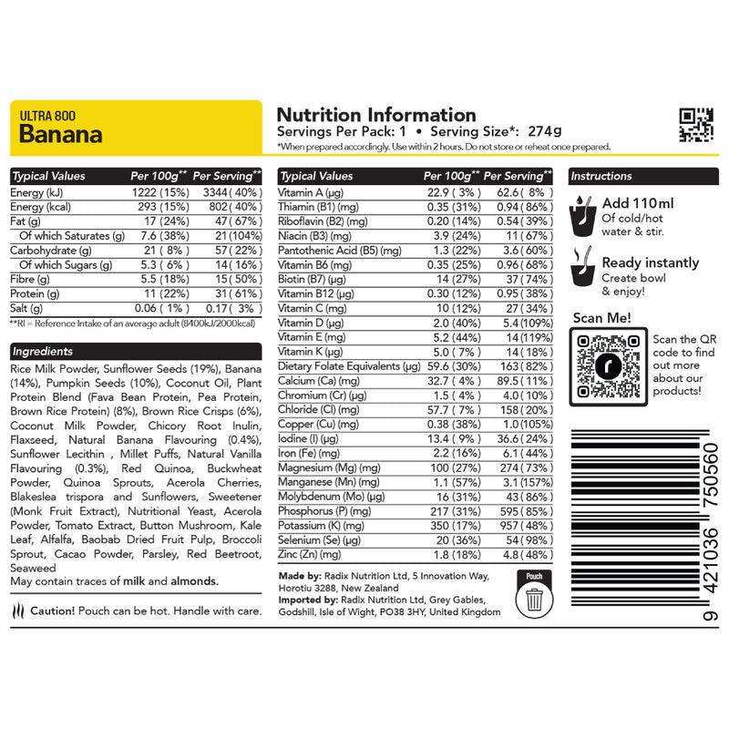 Radix Nutrition Ultra v9 Banana Breakfast Meal (164g) 800kcal