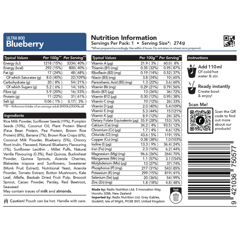 Radix Nutrition Ultra v9 Blueberry Breakfast Meal (164g) 800kcal