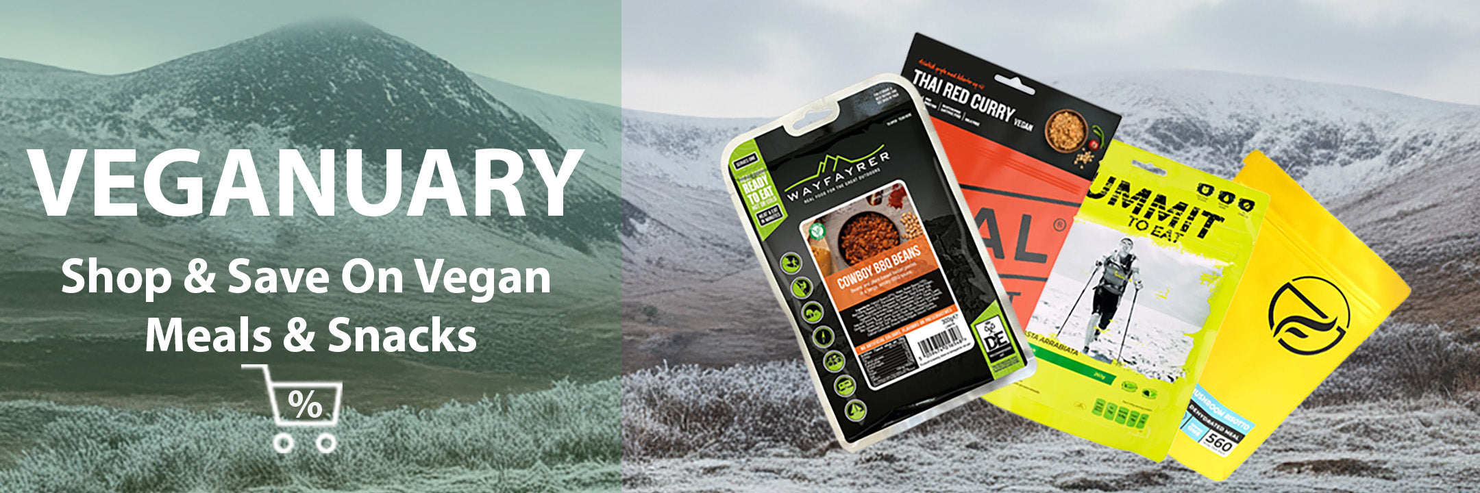Promotional banner for Veganuary with vegan meals and snacks packaging against a mountainous background.