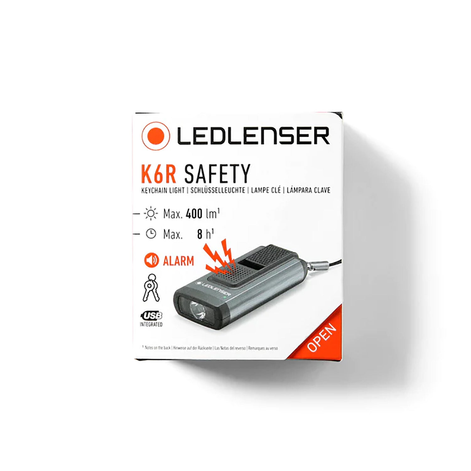 Ledlenser K6R Safety Compact 400 Lumen Rechargeable Keychain Flashlight with USB-A Interface, with Alarm Function, Grey