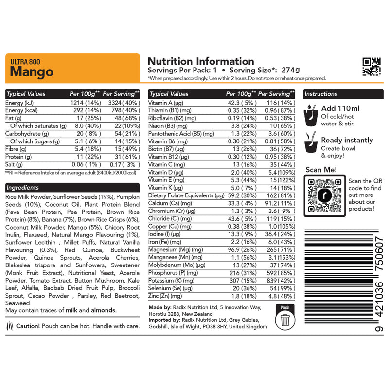 Radix Nutrition Ultra v9 Mango Breakfast Meal (164g) 800kcal