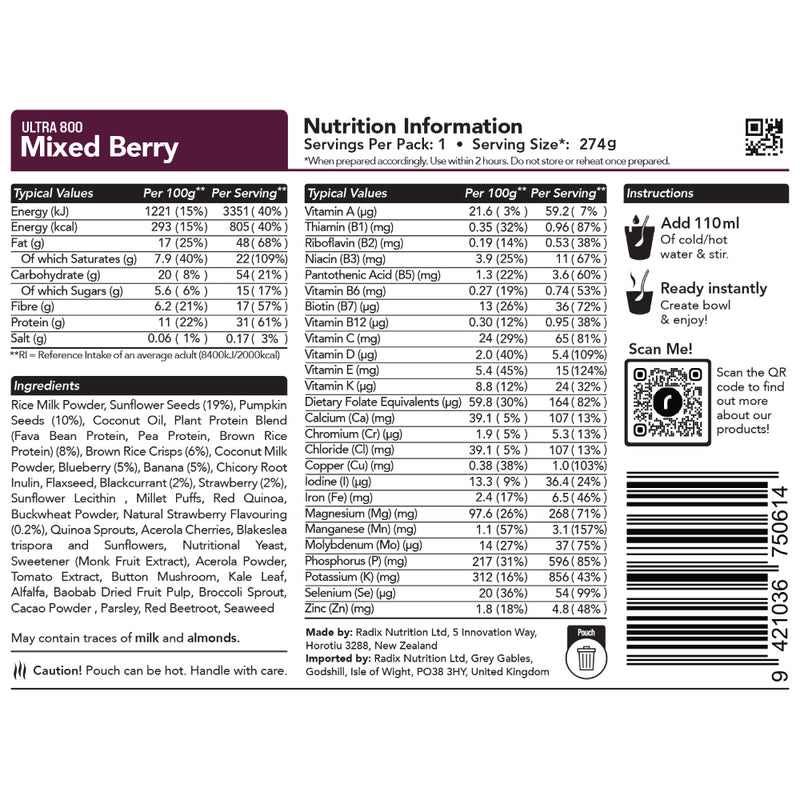 Radix Nutrition Ultra v9 Mixed Berry Breakfast Meal (164g) 800kcal