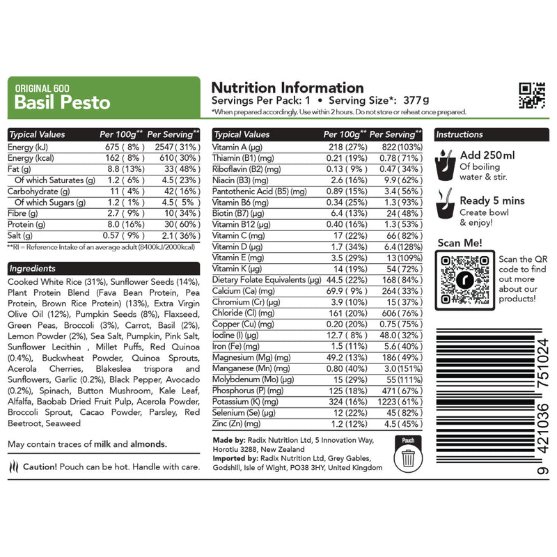 Radix Nutrition Original 600kcal Meal, BASIL PESTO 127g