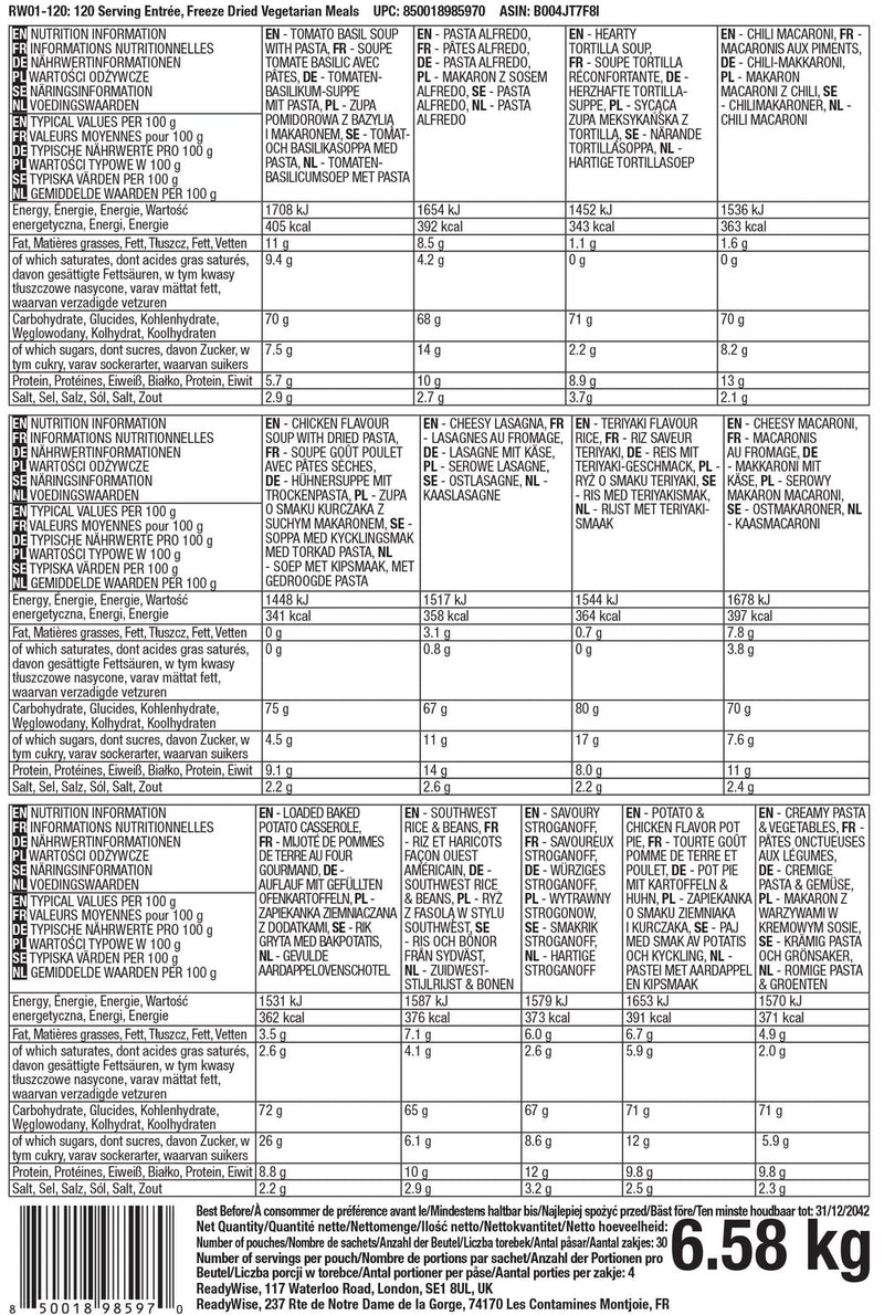 ReadyWise Emergency Food Supply - 120 Serving Entrée Vegetarian Meals