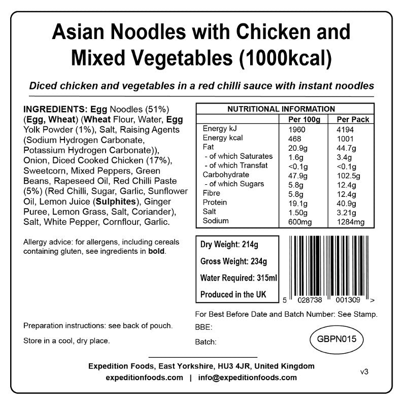 Expedition Foods Asian Noodles with Chicken and Mixed Vegetables (1000Kcal)