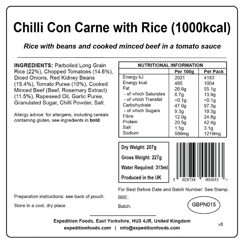 Expedition Foods Chilli Con Carne with Rice (1000Kcal)