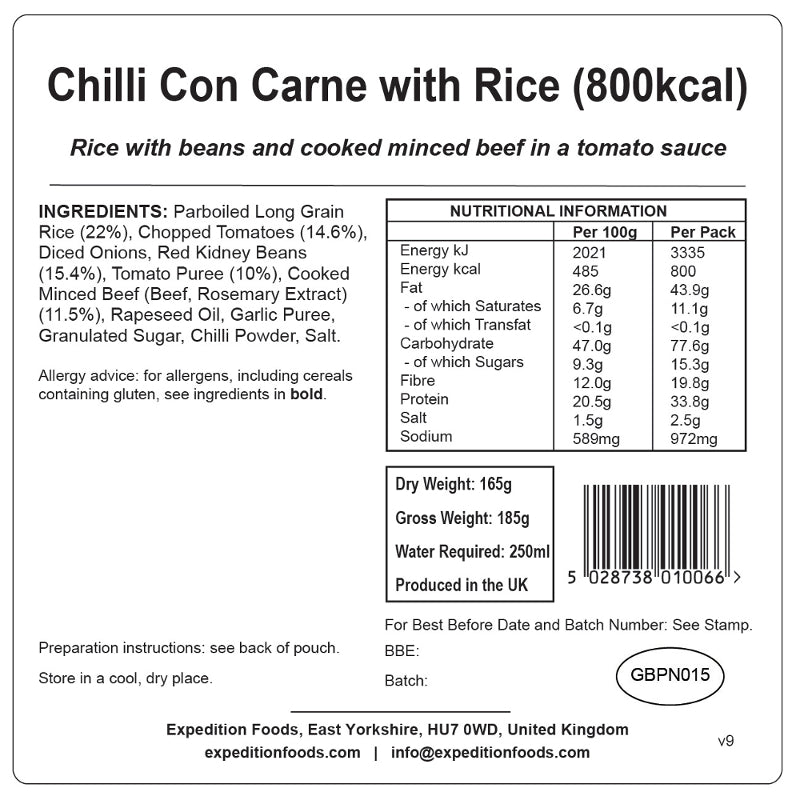 Expedition Foods Chilli Con Carne with Rice (High Energy)