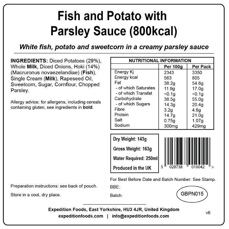 Expedition Foods Fish and Potato with Parsley Sauce (High Energy)