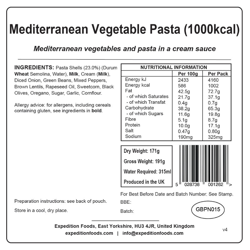 Expedition Foods Mediterranean Vegetable Pasta (1000 kcal)