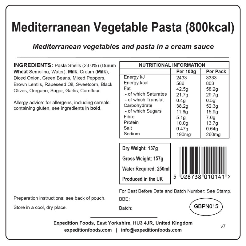 Expedition Foods Mediterranean Vegetable Pasta (High Energy)