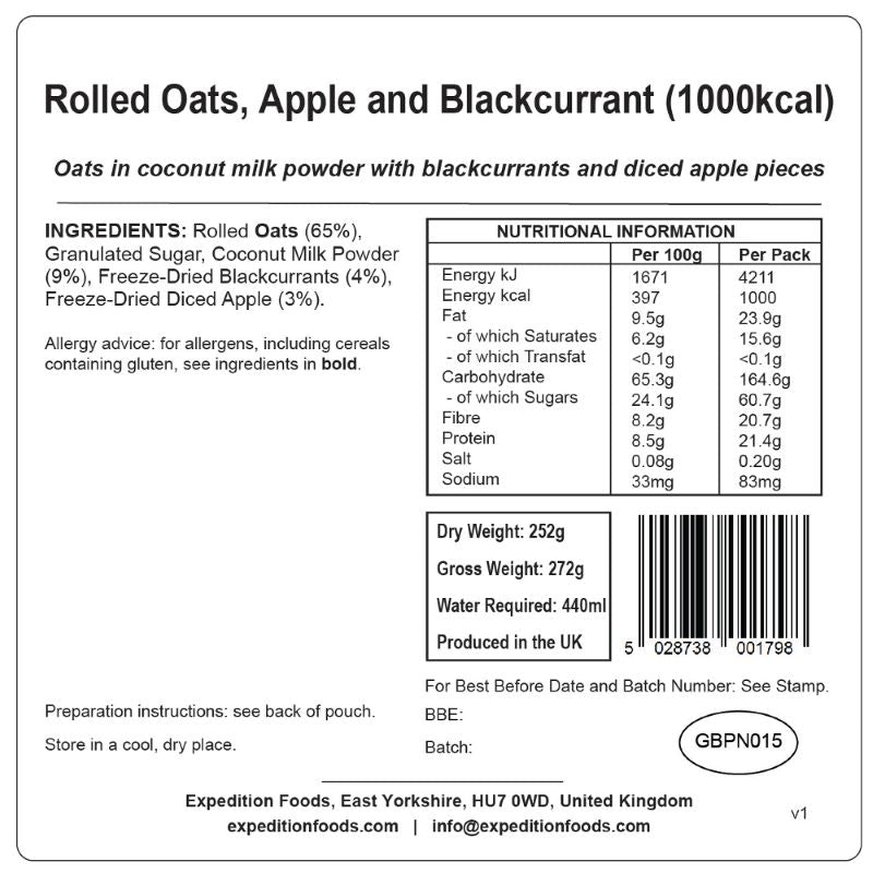 Expedition Foods Rolled Oats, Apple and Blackcurrant (1000 kcal)