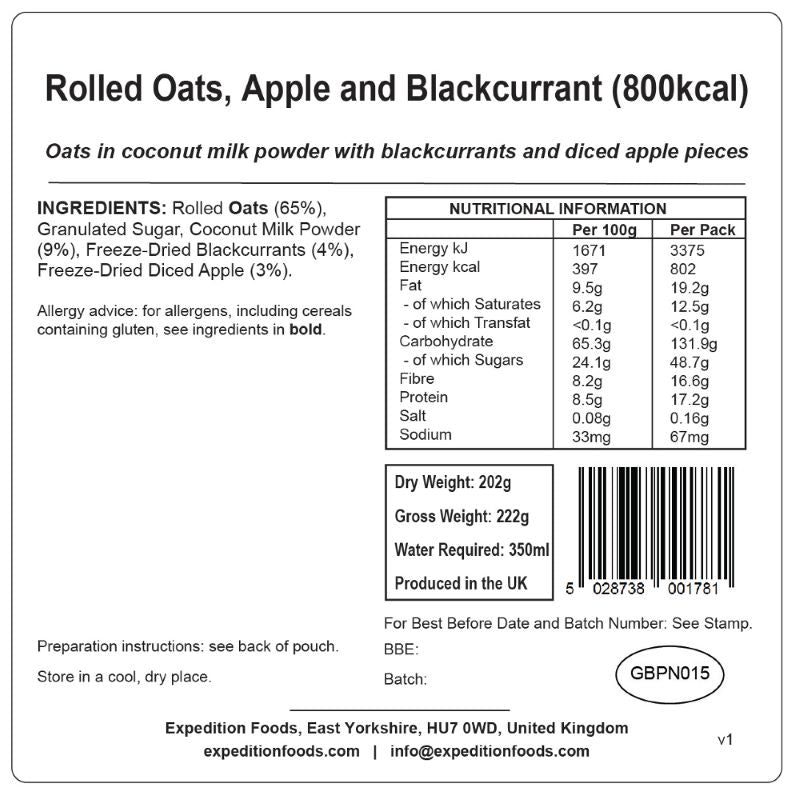 Expedition Foods Rolled Oats, Apple and Blackcurrant (High Energy)