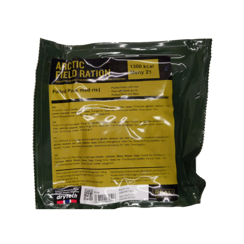 Real Turmat Arctic Field Ration Pulled Pork with Rice is a freeze-dried meal ideal for camping and expeditions. Available from Base Camp Food, the official UK retailer and distributor for Real Turmat.