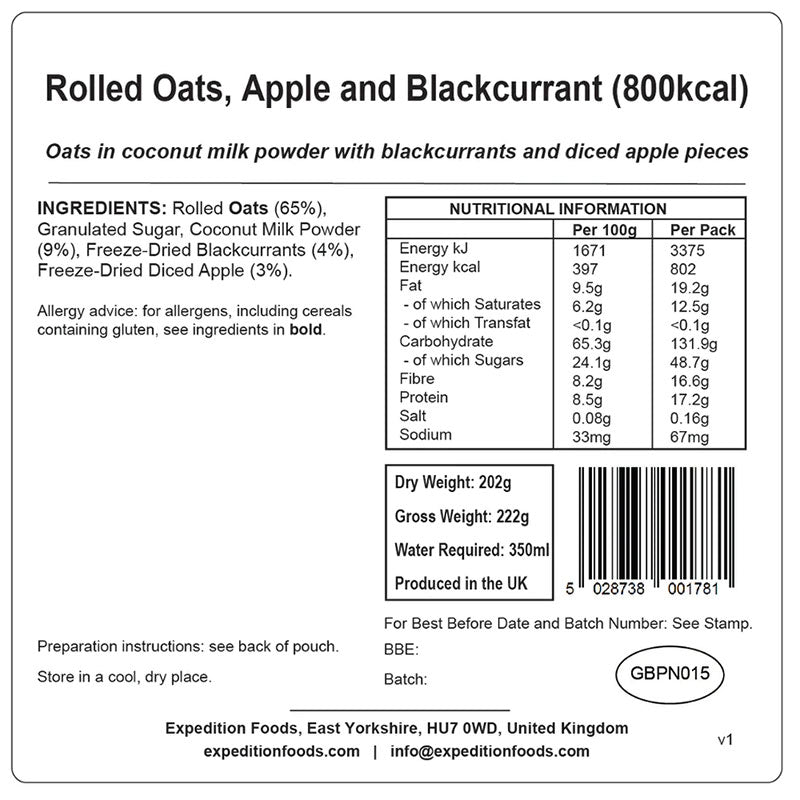 Expedition Foods Rolled Oats, Apple and Blackcurrant (High Energy)